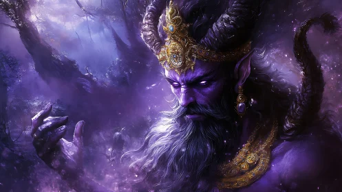 Horned void king in luminous purple enchanted forest.