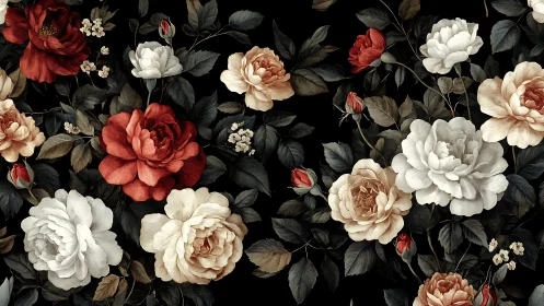 Romantic Garden of Red and Cream Peonies.