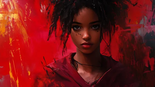 High-contrast digital portrait with textured red abstract background