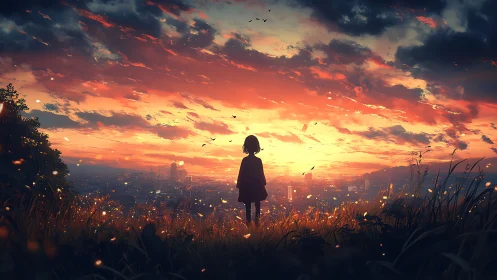 Backlit anime silhouette overlooking city at dramatic sunset