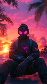 Masked cyberpunk figure on neon sunset beach shoreline.