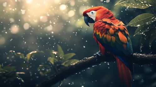 Vibrant scarlet macaw perched on branch in dreamy rainforest scene.