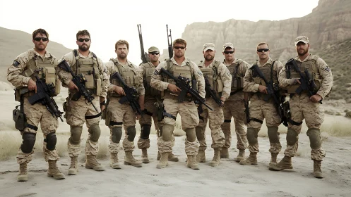 Dust-worn tactical squad lined in desert canyon hush.