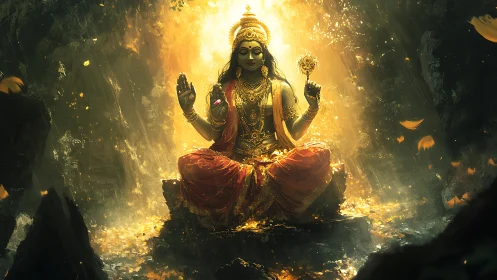 Golden robed goddess sits meditating in glowing cavern light