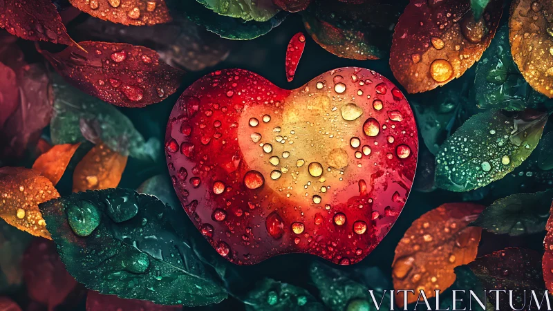 Raindrop kissed apple heart shining in lush autumn leaves.