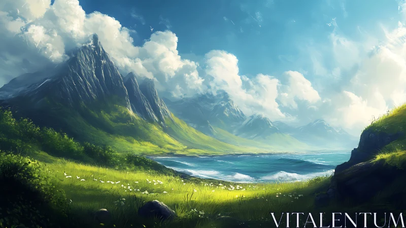 Sunlit coastal valley frames dramatic alpine ridgeline panorama