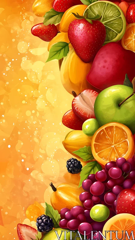 Juicy fruit cascade along glowing citrus sunset backdrop.