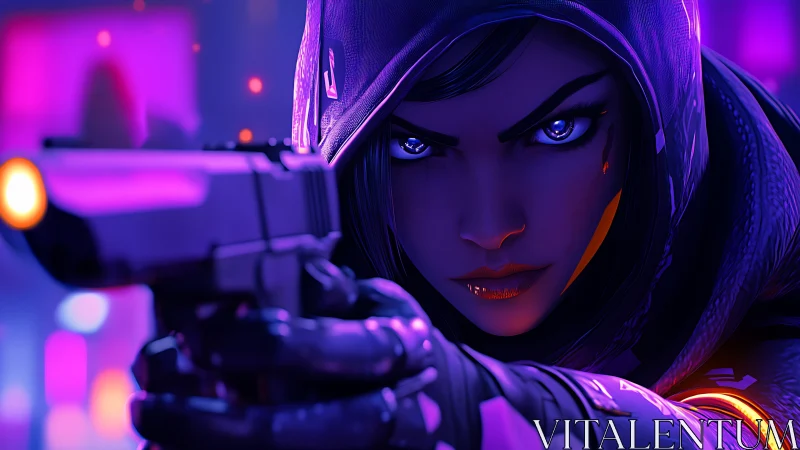 Cybernetic assassin aims pistol under neon magenta-blue light