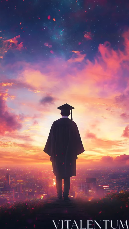 Graduate gazes over glowing city as a hopeful dawn rises