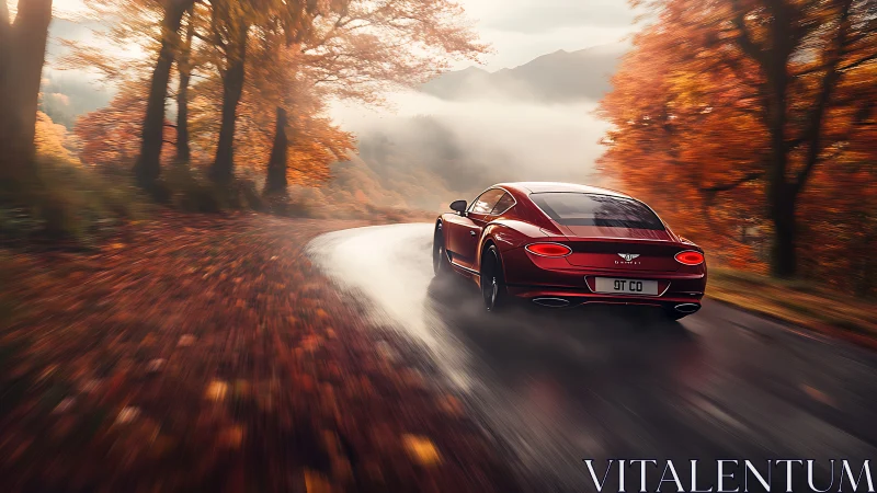 Grand tourer on wet autumn forest road with motion blur