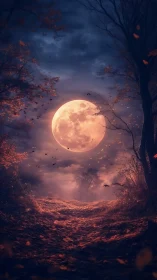 Blood moon rises over autumn forest path at twilight.