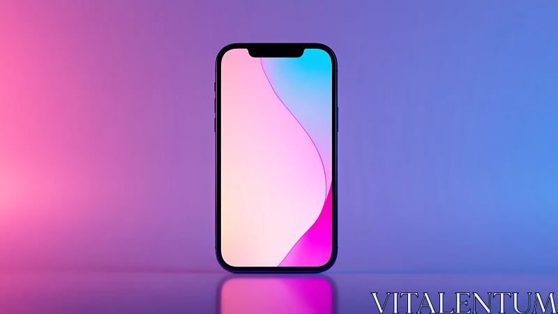 Smartphone with curved gradient wallpaper against luminous pink-blue backdrop