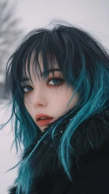 Snow-kissed teal-haired gaze against a hush-white winter hush.