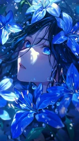 Blue-haired figure surrounded by saturated blue lilies in rain.