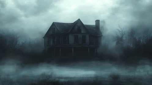 Fog-drowned haunted manor brooding in a storm-choked marsh.