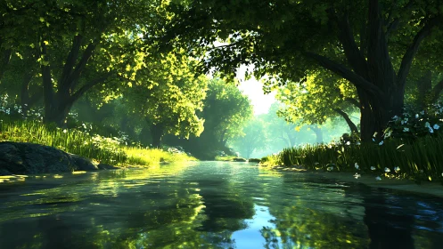 Sunlit forest river reflects luminous green canopy.