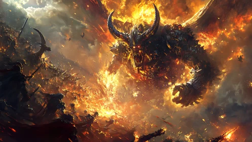 Gigantic fiery horned demon leads chaotic inferno battle.
