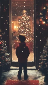 Child watching illuminated Christmas tree through snowy door