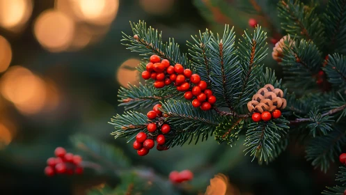 Evergreen needles, red berries, and pine cones glow in bokeh light.