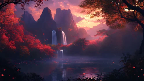 Enchanted crimson forest valley with cascading waterfalls at dusk.