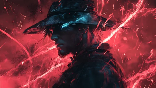 Digital painting portrait with electric red backlit silhouette.