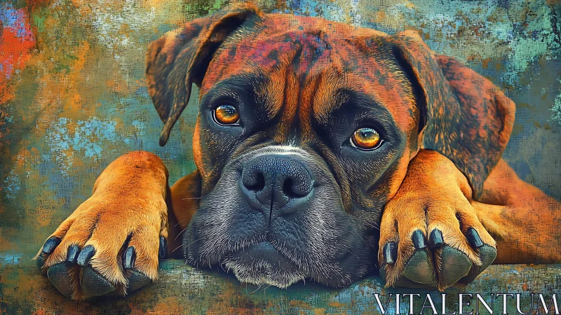 Boxer dog portrait rests with head forward on textured surface