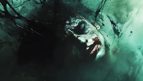 Injured human face submerged in dark green liquid medium.