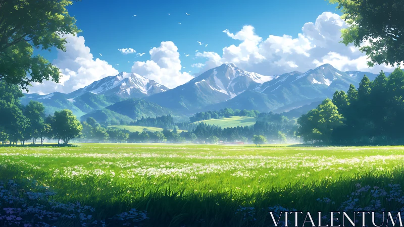 Snowcapped mountains rise behind sunlit green meadow field