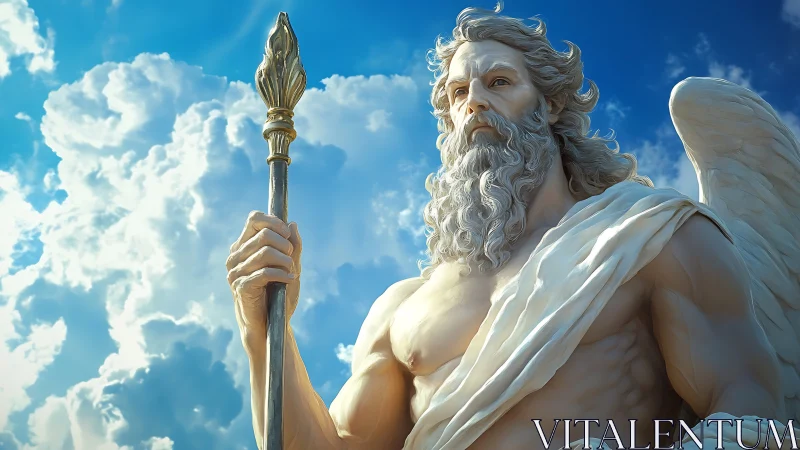 Marble-winged deity rendered in high-detail 3D against cumulus sky