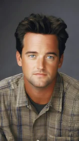 Soft-eyed daydreamer in plaid, haloed by studio hush.