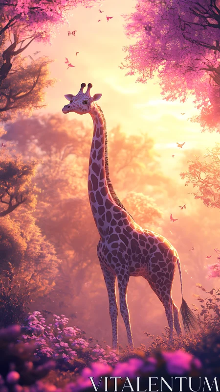 Graceful giraffe gazes through dreamy pink forest light