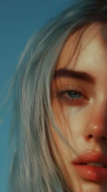 Sunlit teal-tressed gaze caught between breeze and shadow.