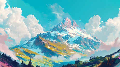 Snow-covered mountain ridge rises beneath dense cloud formations