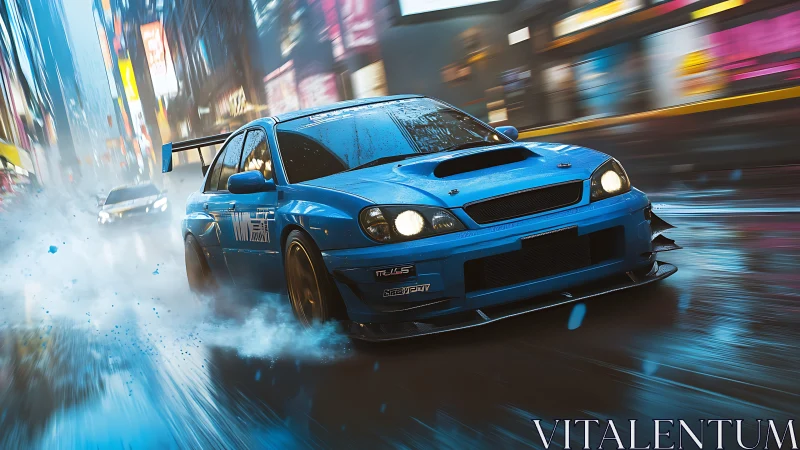 Street-tuned blue racer drifts through neon city rainstorm.