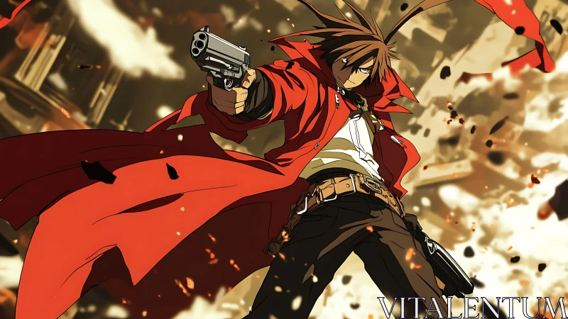 Gunfire draped in crimson stormcoat amid shattering skyline.