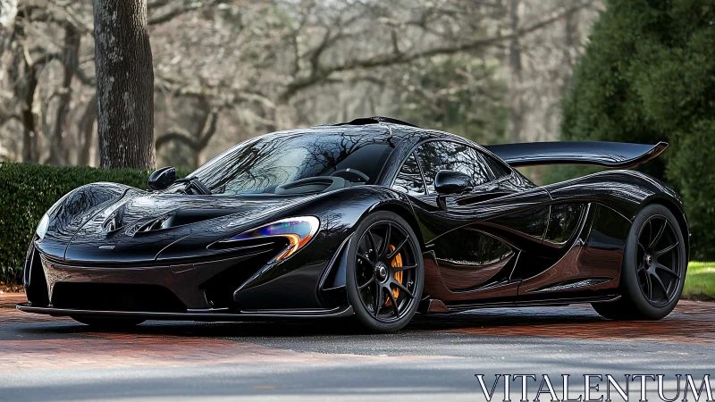 Midnight hypercar curls sunlight on a quiet brick lane.