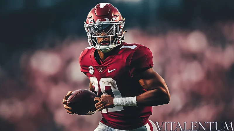 College football quarterback in red uniform running forward.