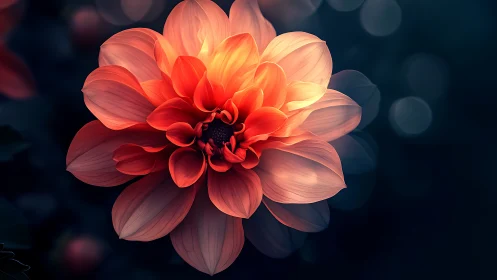 Three-dimensional rendered dahlia flower with layered petals in red-orange gradient against dark bac