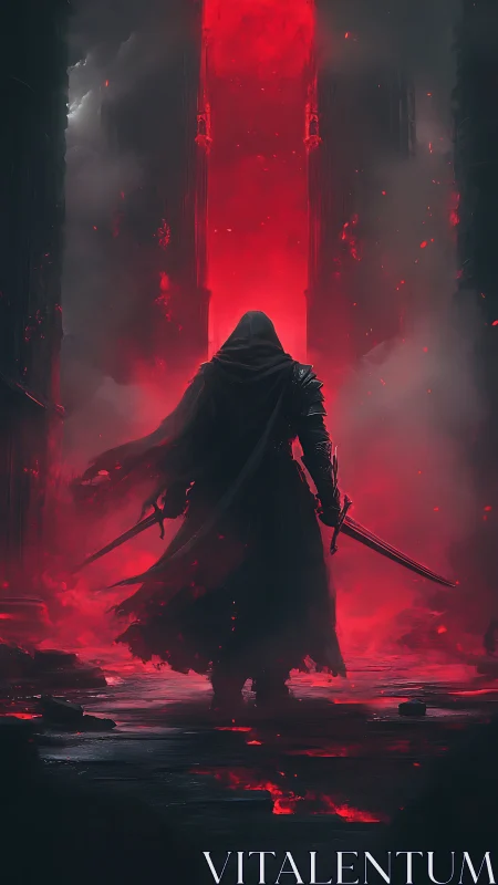 Hooded bladebearer before incandescent hellgate convergence.