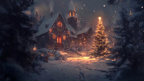Snow-dusted forest cottage hums beneath a glowing Christmas star