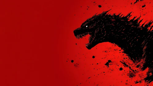 Ink-splatter kaiju silhouette on saturated crimson field.