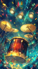 Colorful drum kit under bright stage lights in motion.