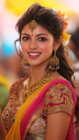 Bridal portrait with ornate South Asian jewelry rendering.