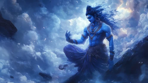 Celestial blue deity rises in swirling cosmic storm clouds