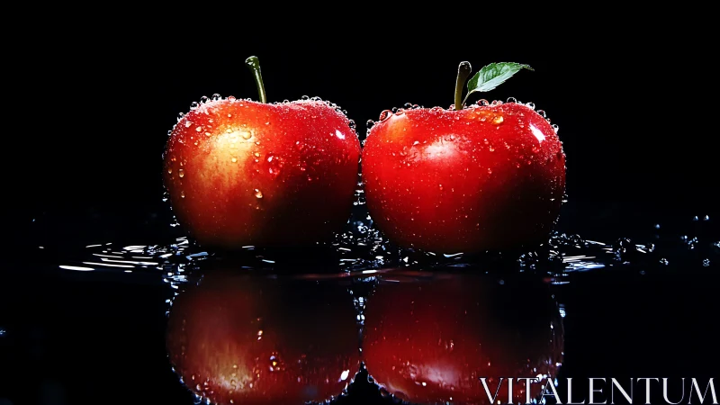 Twin scarlet apples crowned in glittering midnight droplets.