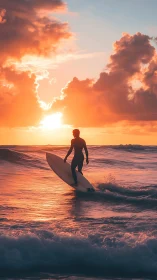 Golden sunset surfer glides peacefully across glowing waves
