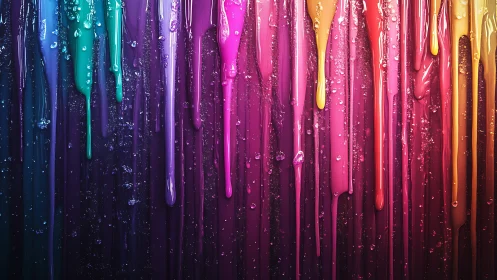 Vertical drips of multicolor paint on dark wet surface.