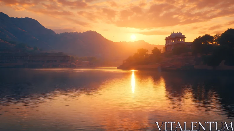 Sunrise illuminates lakeside pavilion, casting elongated specular reflection