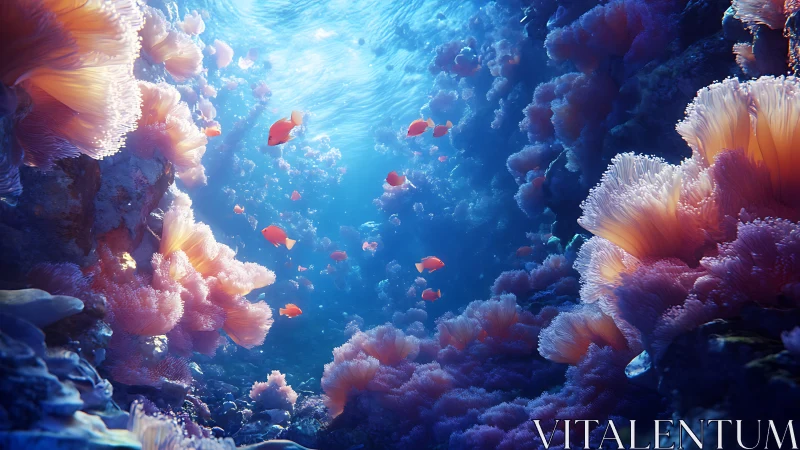 Coral reef canyon shows orange fish swimming through light