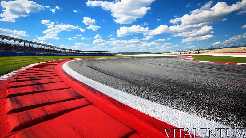 Curved motor racing circuit under clear blue sky.